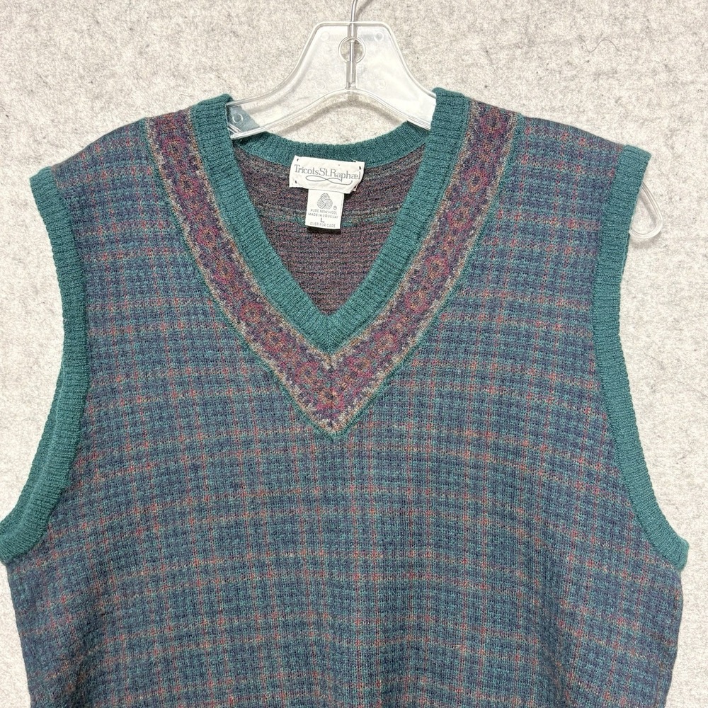 VTG Tricots St Raphael Sweater Vest L Pure New Wool Plaid Grandpa Academia - Picture 3 of 8
